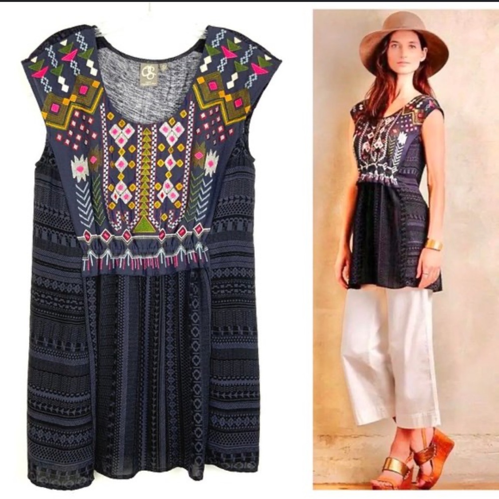 One September Embroidered Cap Sleeve Tunic Top Navy Charcoal Size MP